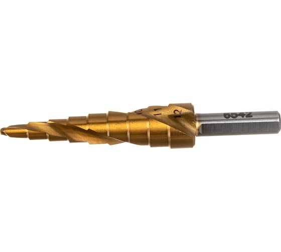 Сверло ступенчатое по металлу SPIRAL HSS-TiN 4-12х1/70 мм D.BOR SDSP-TIN-04-12-06