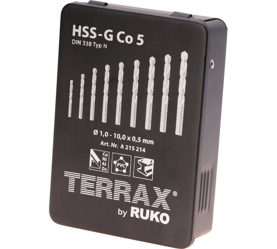 Набор сверл по металлу (19 шт; 1-10 мм; HSSE-Co5) Terrax by RUKO A215214
