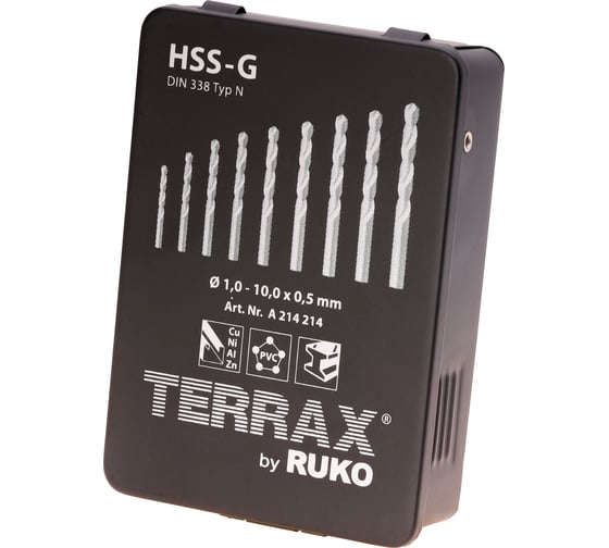 Набор сверл по металлу (19 шт; 1-10 мм; HSS-G) Terrax by RUKO A214214