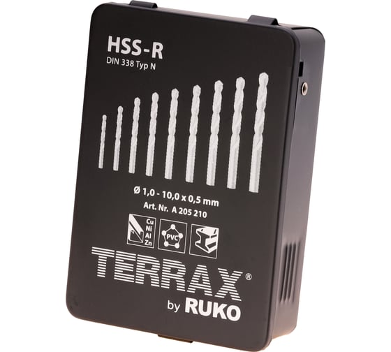 Набор сверл по металлу (19 шт; 1-10 мм; HSS-R) Terrax by RUKO A205210