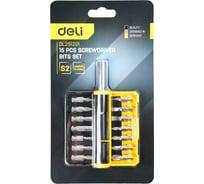 Набор бит DELI 14шт (SL4,SL5,SL6,PH0,PH1,PH2,PH3,T15,T20,T25,H5,H6,PZ1,PZ2), c держателем, сталь S2, пластиковый держатель 167609