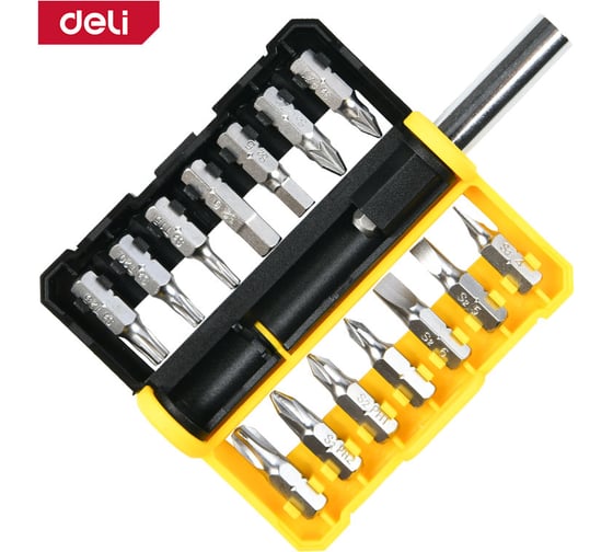 Набор бит DELI 14шт (SL4,SL5,SL6,PH0,PH1,PH2,PH3,T15,T20,T25,H5,H6,PZ1,PZ2), c держателем, сталь S2, пластиковый держатель 167609
