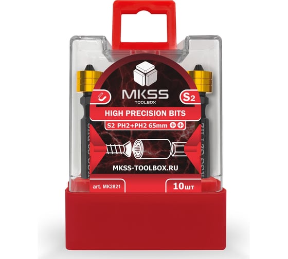 Бита торсионная двухстороняя с магнитным держателем MKSS Toolbox РН2/PH2, 65 мм (10 шт) MK2821