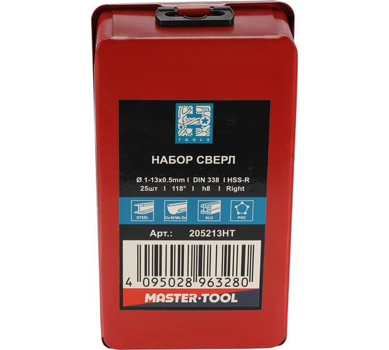 Набор сверл по металлу H-Tools 1-13мм, 25шт, DIN338, HSS 118град. 205213HT