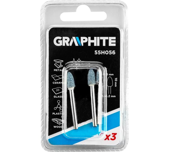 Камни шлифовальные (3 шт; 6х10 мм; хвостовик 3.2 мм; пуля) GRAPHITE 55H056