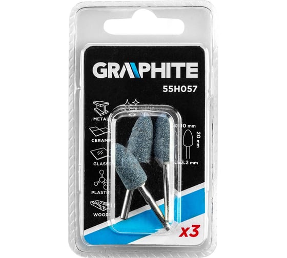 Камни шлифовальные (3 шт; 10х20 мм; хвостовик 3.2 мм; пуля) GRAPHITE 55H057 1