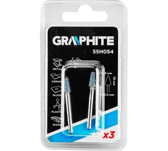 Камни шлифовальные (3 шт; 5х10 мм; хвостовик 3.2 мм; конус) GRAPHITE 55H054