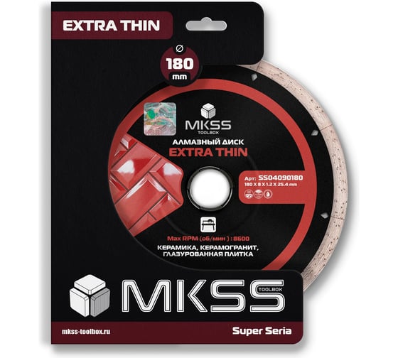 Диск алмазный по керамограниту MKSS Toolbox SS0409 Extra Thin 180x1.2x8x25.4 мм SS04090180