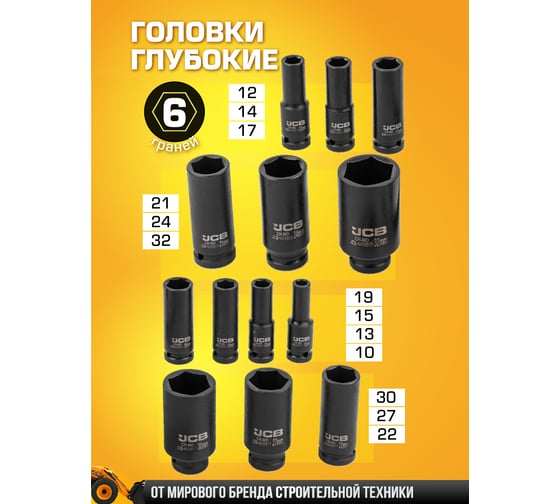 Набор головок ударных глубоких JCB 13 предметов 1/2DR, (10, 12-15, 17, 19, 21, 22, 24, 27, 30, 32мм),в пласт.кейсе JCB-4131-5MPB(60548)