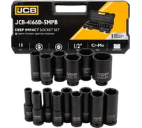 Набор головок ударных глубоких 15 предметов JCB 1/2DR, 6гр.(10,12-17,19,21,22,24,27,30,32мм,36мм-12гр), в пласт.кейсе JCB-4166D-5MPB(60550)