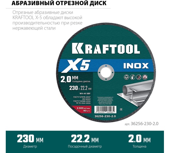 Отрезной диск для УШМ по нержавеющей стали KRAFTOOL X5 INOX 230x2.0 мм 36256-230-2.0