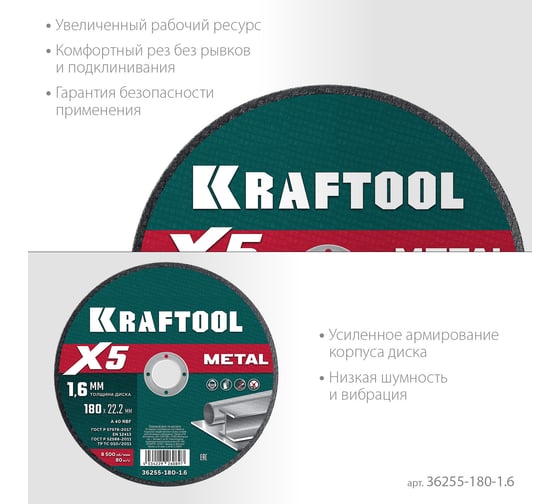 Отрезной диск для УШМ по металлу KRAFTOOL X5 Metal 180x1.6 мм 36255-180-1.6