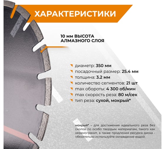 Диск алмазный для резки асфальта RAGE 350 мм 600353
