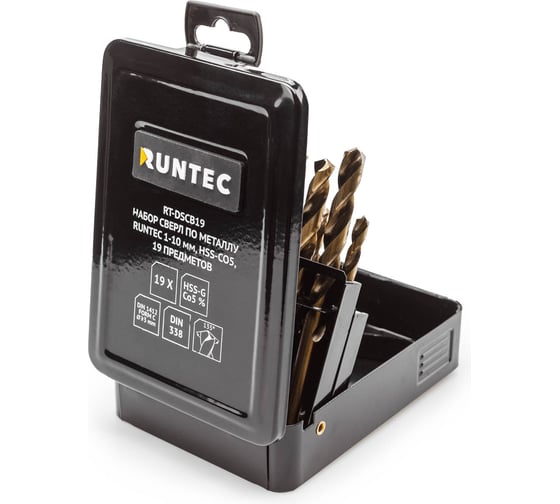 Набор сверл по металлу RUNTEC 1-10 мм, HSS-Co5, 19 предметов RT-DSCB19