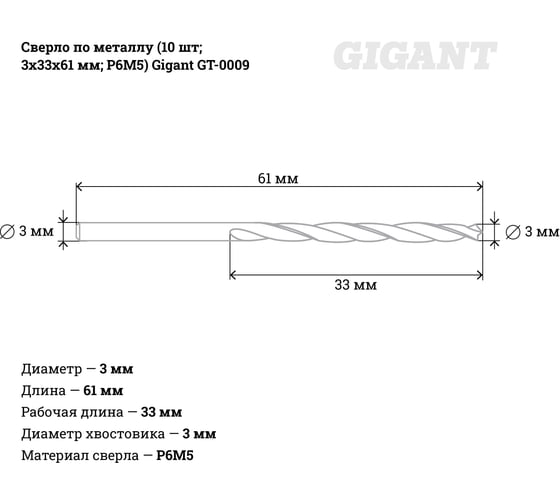 Сверло по металлу (10 шт; 3х33х61 мм; Р6М5) Gigant GT-0009