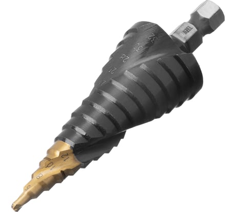 Сверло ступенчатое Denzel 4-6-8-10-12-14-16-18-20-22-24-26-28-30-32 мм, Р6М5, 6-гр. хвостовик 723606