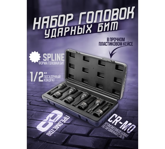 Набор головок-бит Forcekraft FK-40811MPB SPLINE ударные, 8 пр 27086