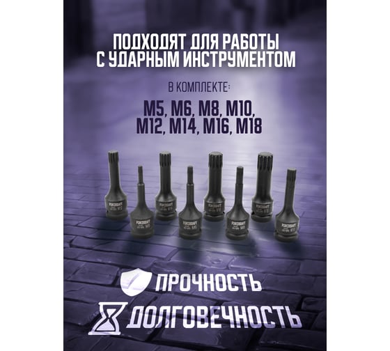Набор головок-бит Forcekraft FK-40811MPB SPLINE ударные, 8 пр 27086