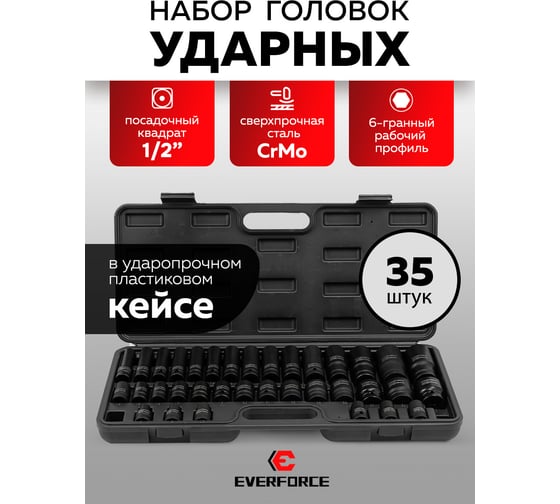 Набор головок EVERFORCE 35 предметов, короткие 38 мм: 8-23, 24, 27, 30, 32мм; глубокие 78 мм: 10, 12-19, 21, 22, 24, 27, 30, 32мм EF-4353-5K(61638)