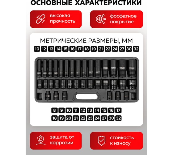 Набор головок EVERFORCE 35 предметов, короткие 38 мм: 8-23, 24, 27, 30, 32мм; глубокие 78 мм: 10, 12-19, 21, 22, 24, 27, 30, 32мм EF-4353-5K(61638)