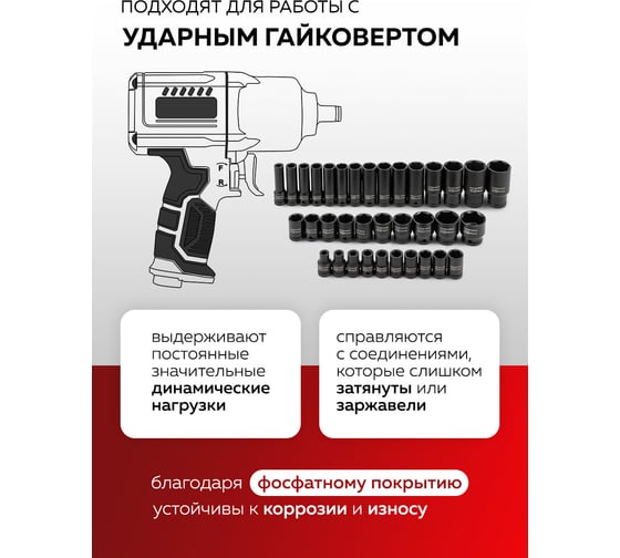 Набор головок EVERFORCE 35 предметов, короткие 38 мм: 8-23, 24, 27, 30, 32мм; глубокие 78 мм: 10, 12-19, 21, 22, 24, 27, 30, 32мм EF-4353-5K(61638)