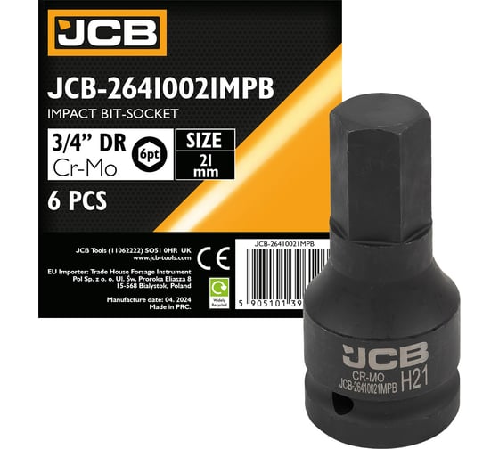 Головка-бита ударная 6-гранная JCB 21 мм, 3/4 DR JCB-26410021MPB(59517) 1