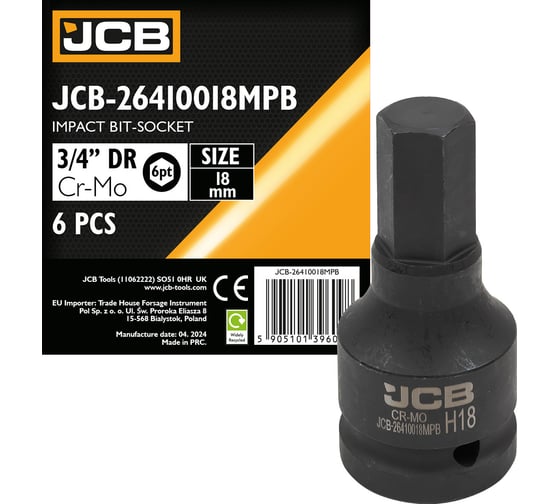 Головка-бита ударная 6-гранная JCB 18 мм, 3/4DR JCB-26410018MPB(59514)