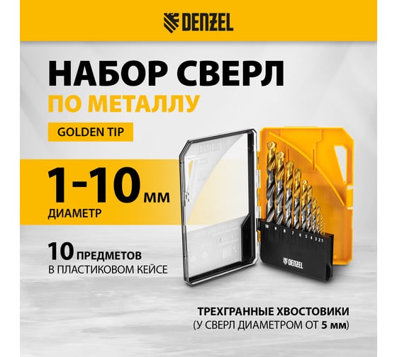 Набор сверл по металлу Denzel 1-10 мм, Р6М5-TiN, Golden Tip, 10 шт 723001
