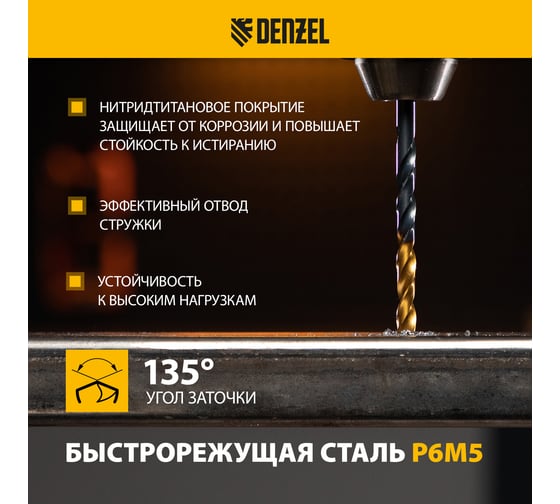 Набор сверл по металлу Denzel 1-10 мм, Р6М5-TiN, Golden Tip, 10 шт 723001
