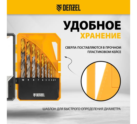 Набор сверл по металлу Denzel 1-10 мм, Р6М5-TiN, Golden Tip, 10 шт 723001