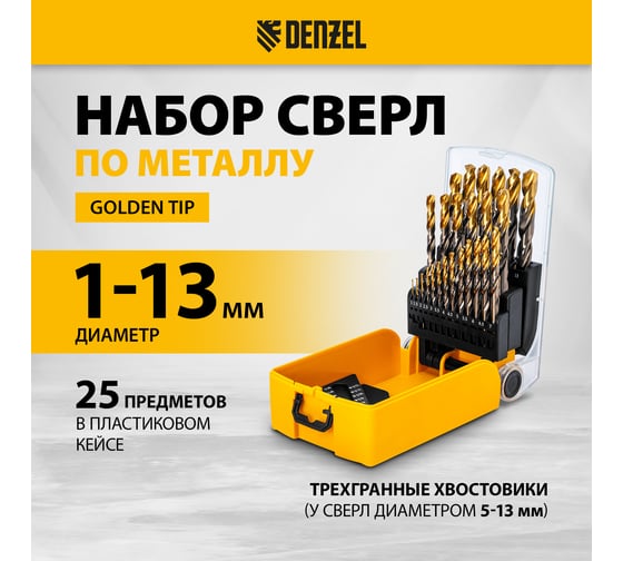 Набор сверл по металлу Denzel 1-13 мм, Р6М5К8-TiN, Golden Tip, 25 шт 723010