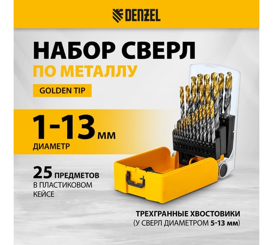 Набор сверл по металлу Denzel 1-13 мм, Р6М5-TiN, Golden Tip, 25 шт 723009