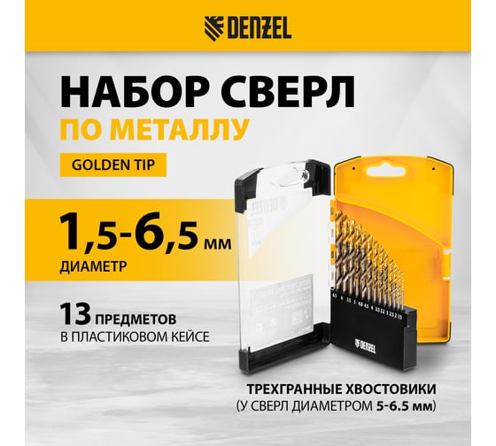 Набор сверл по металлу Denzel 1.5-6.5 мм, Р6М5К8-TiN, Golden Tip, 13 шт 723006