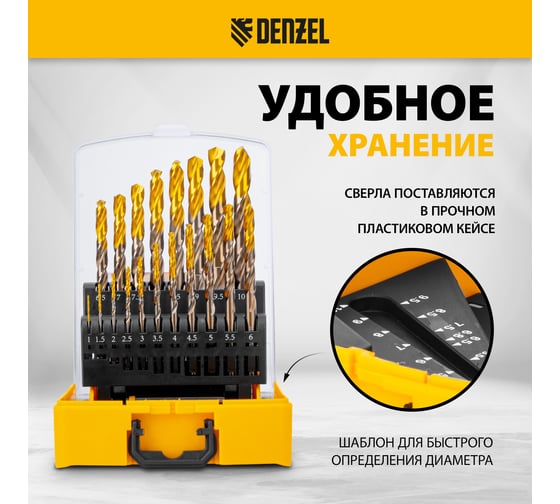 Набор сверл по металлу Denzel 1-10 мм, Р6М5К8-TiN, Golden Tip, 19 шт 723008