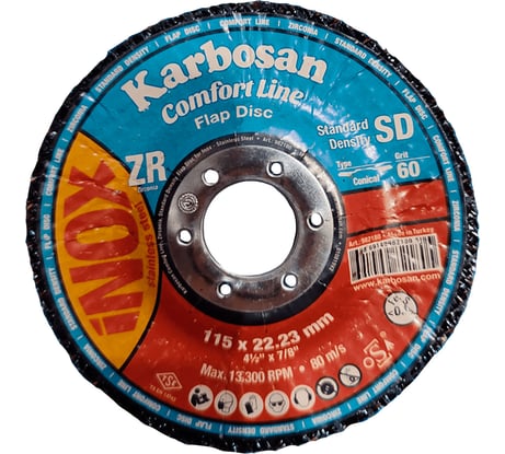 Круг лепестковый конический по нержавеющей стали SAMGRUPP КЛТ 115х22 мм, Р60, Karbosan Comfort Line ZR SD Flap INOX KAR-982180
