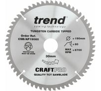 Пильный диск 190 мм 60 зубьев по алюминию и пластику TREND CSB/AP19060