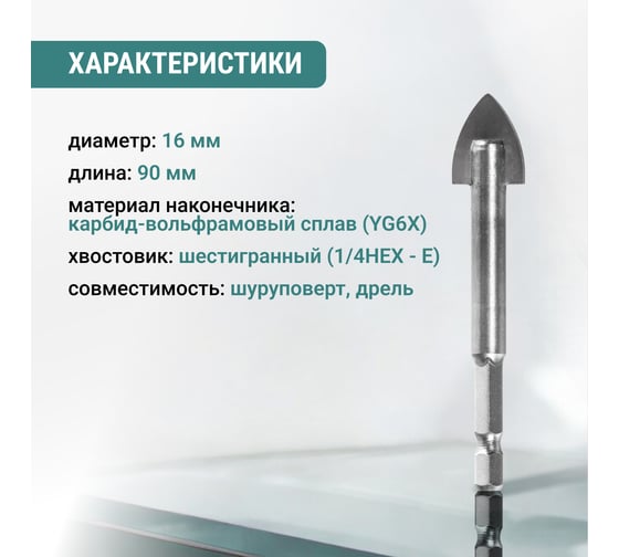 Сверло по стеклу и керамике VIRA HEX, 16 мм 554059