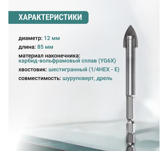 Сверло по стеклу и керамике VIRA HEX, 12 мм 554057
