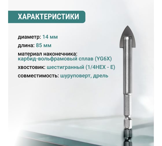 Сверло по стеклу и керамике VIRA HEX, 14 мм 554058