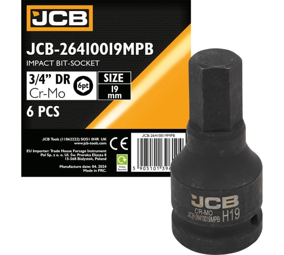 Головка-бита ударная 6-гранная JCB 19 мм, 3/4DR JCB-26410019MPB(59515) 1