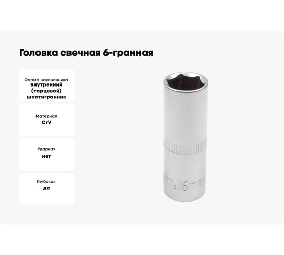Головка свечная 6-гранная JCB 16 мм, 1/2DR JCB-807416(60043)