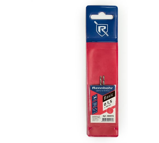 Сверло по металлу RENNBOHR BASIC 1.5x40 мм, HSS-R, 2 шт/уп 460015 1