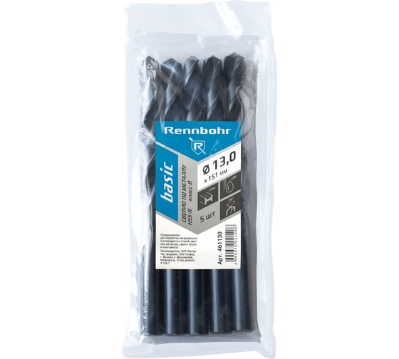 Сверло по металлу RENNBOHR BASIC PROM 13.0x151 мм, хв-к 12 мм, HSS-R, 5 шт/уп 461130 1