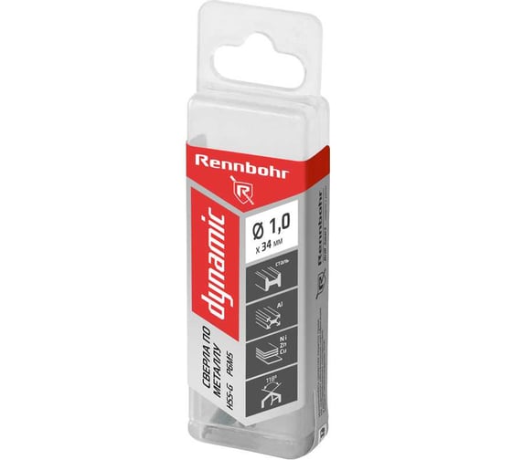 Сверло по металлу RENNBOHR DYNAMIC PROM 1.0x34 мм, HSS-G, P6M5, 20 шт/уп 666010