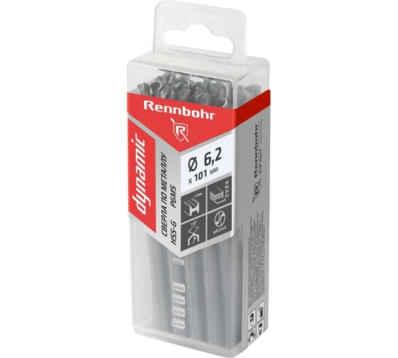 Сверло по металлу RENNBOHR DYNAMIC PROM 6.2x101 мм, HSS-G, P6M5, 20 шт/уп 666062