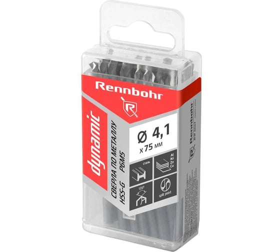 Сверло по металлу RENNBOHR DYNAMIC PROM 4.1x75 мм, HSS-G, P6M5, 20 шт/уп 666041 1