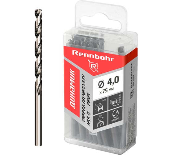 Сверло по металлу RENNBOHR DYNAMIC PROM 4.0x75 мм, HSS-G, P6M5, 20 шт/уп 666040