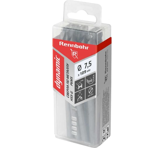 Сверло по металлу RENNBOHR DYNAMIC PROM 7.5x109 мм, HSS-G, P6M5, 10 шт/уп 666075 1