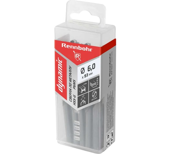 Сверло по металлу RENNBOHR DYNAMIC PROM 6.0x93 мм, HSS-G, P6M5, 20 шт/уп 666060 1