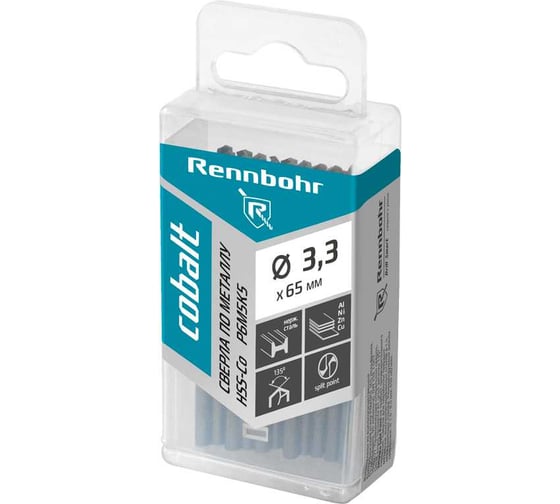 Сверло по металлу RENNBOHR COBALT PROM 3.3x65 мм, HSS-Co, Р6М5К5, 20 шт/уп 671033 1